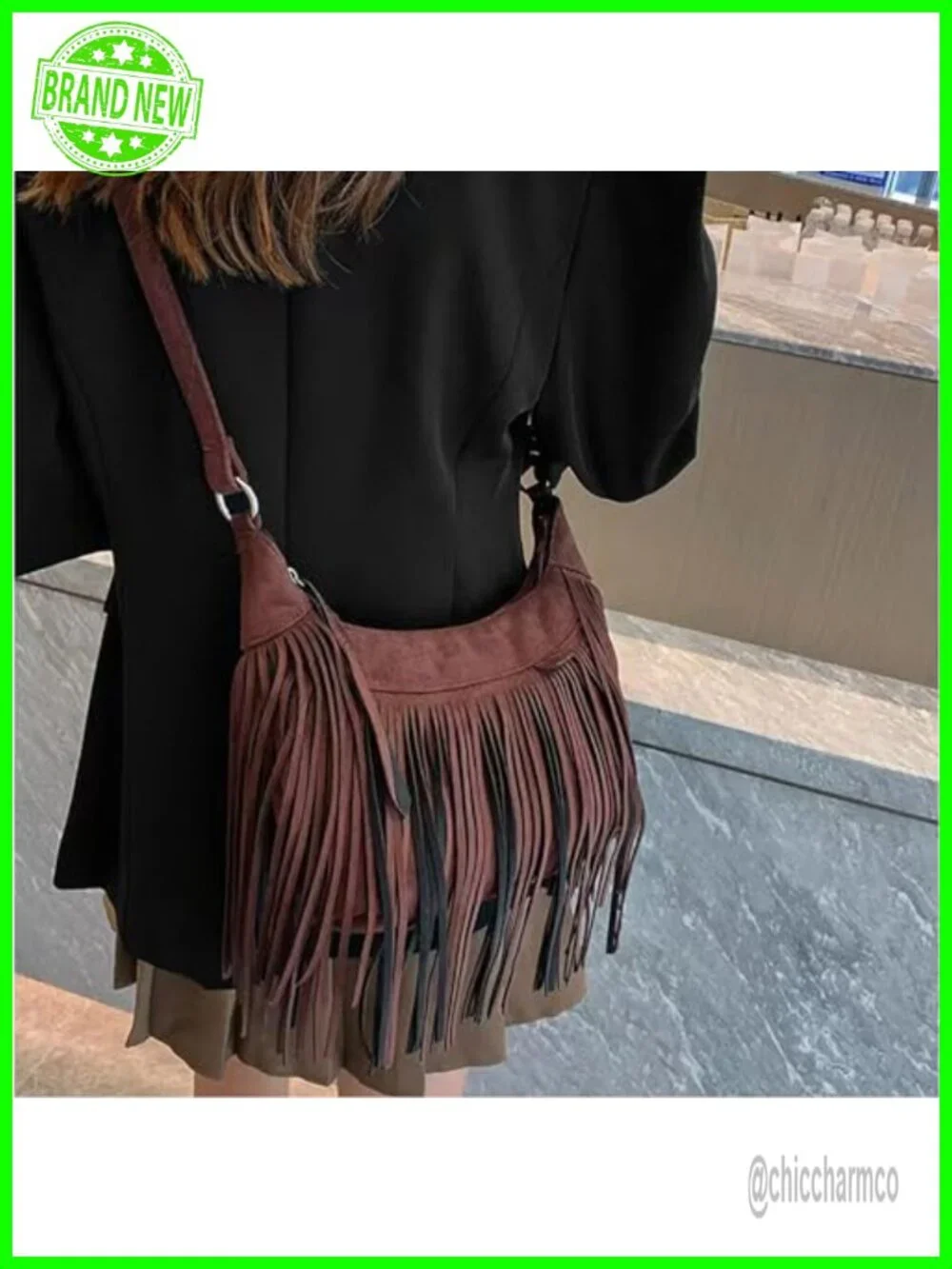 Vegan Suede Fringe Crossbody Hobo Bag with Tassel